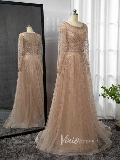 Long Sleeve Evening Dress Beaded Mother of the Bride Dresses 20038-Evening Dresses 2025 -Viniodress-Silver-US 2-