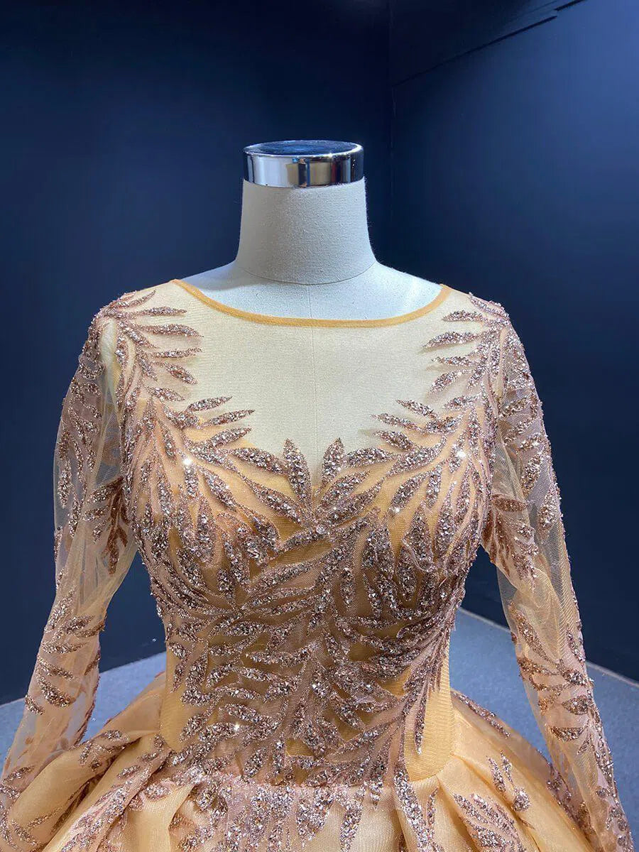 Long Sleeve Gold Ball Gown Prom Dresses Sparkly Lace Princess Dress FD1246 viniodress-prom dresses 2025 -Viniodress-Light Gold-Custom Size-