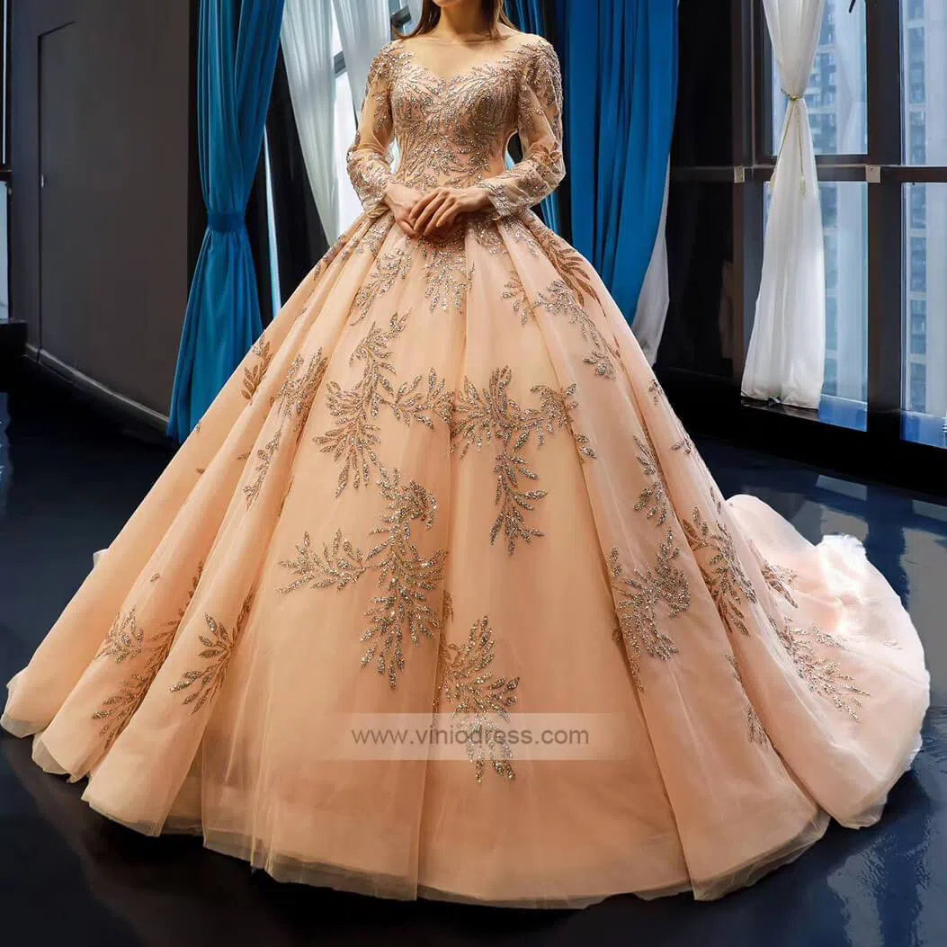 Long Sleeve Gold Ball Gown Prom Dresses Sparkly Lace Princess Dress FD1246 viniodress-prom dresses 2025 -Viniodress-Light Gold-Custom Size-