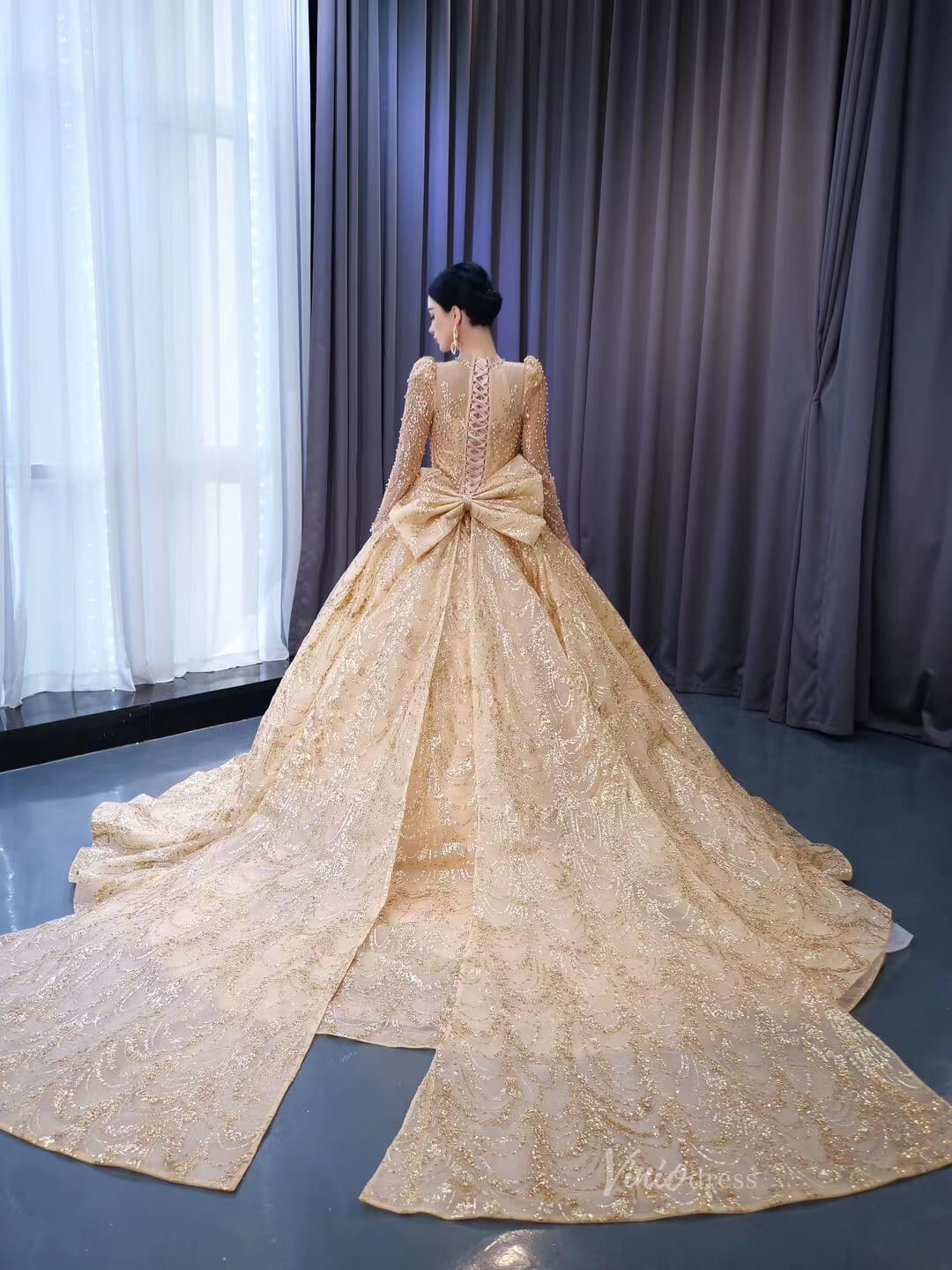 Long Sleeve Gold Ball Gown Wedding Dresses with Bow 222231 – Viniodress