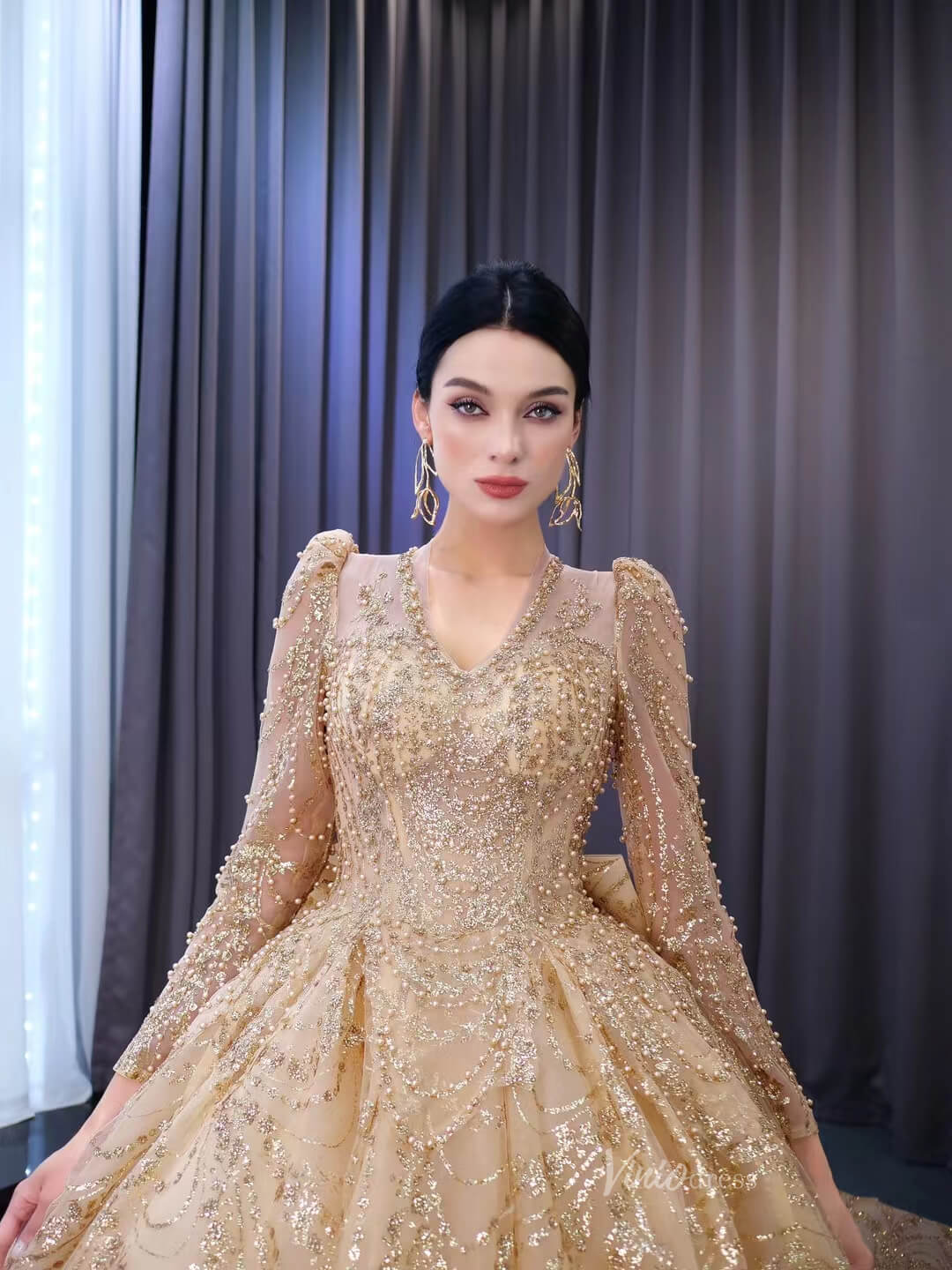 gold ball gown dresses LaDivine S537C Fitted Plus Size Long Formal Beaded Prom Dress shoulder neckline beautifully frames the shoulders and collarbone Luxurious Gold Wedding Dresses Ball