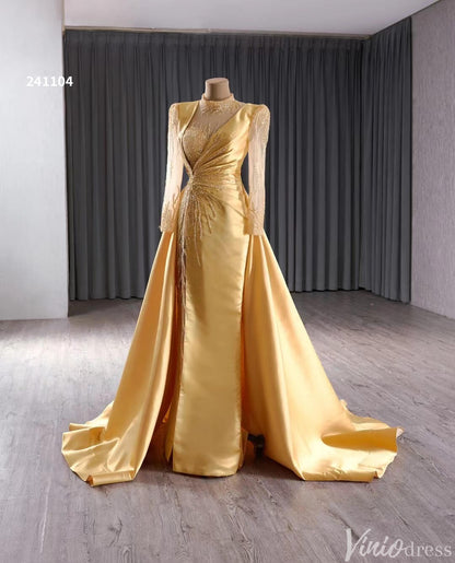 Long Sleeve Gold Formal Dresses Overskirt Wedding Dress with slit Open Back 241104-Pageant Dress 2025 -Viniodress-Gold-Custom Size-