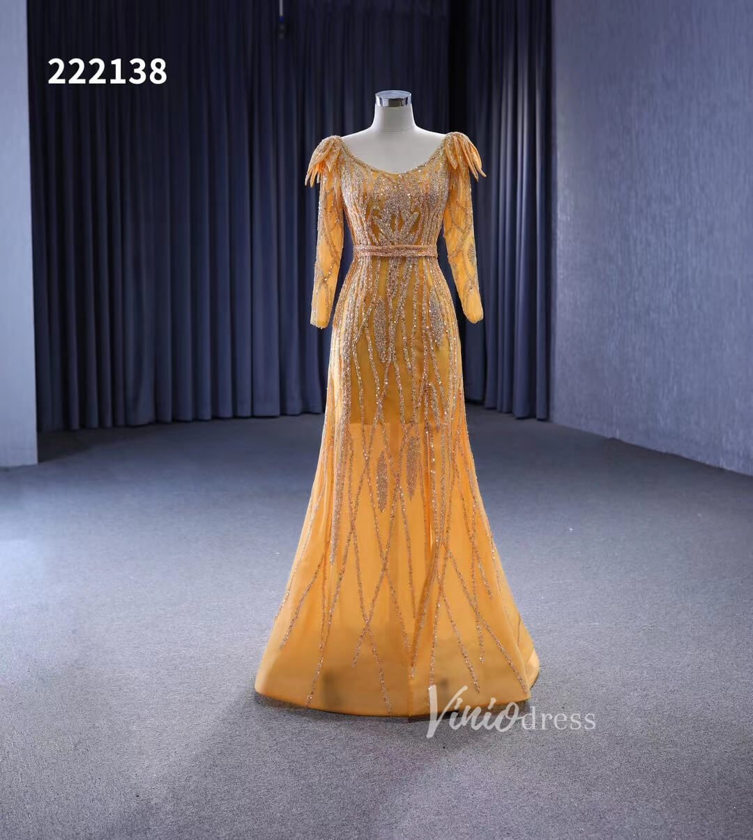 Long Sleeve Gold Wedding Dresses Removable Overskirt Pageant Dress 222138-Evening Dresses 2025 -Viniodress-Gold-Custom Size-