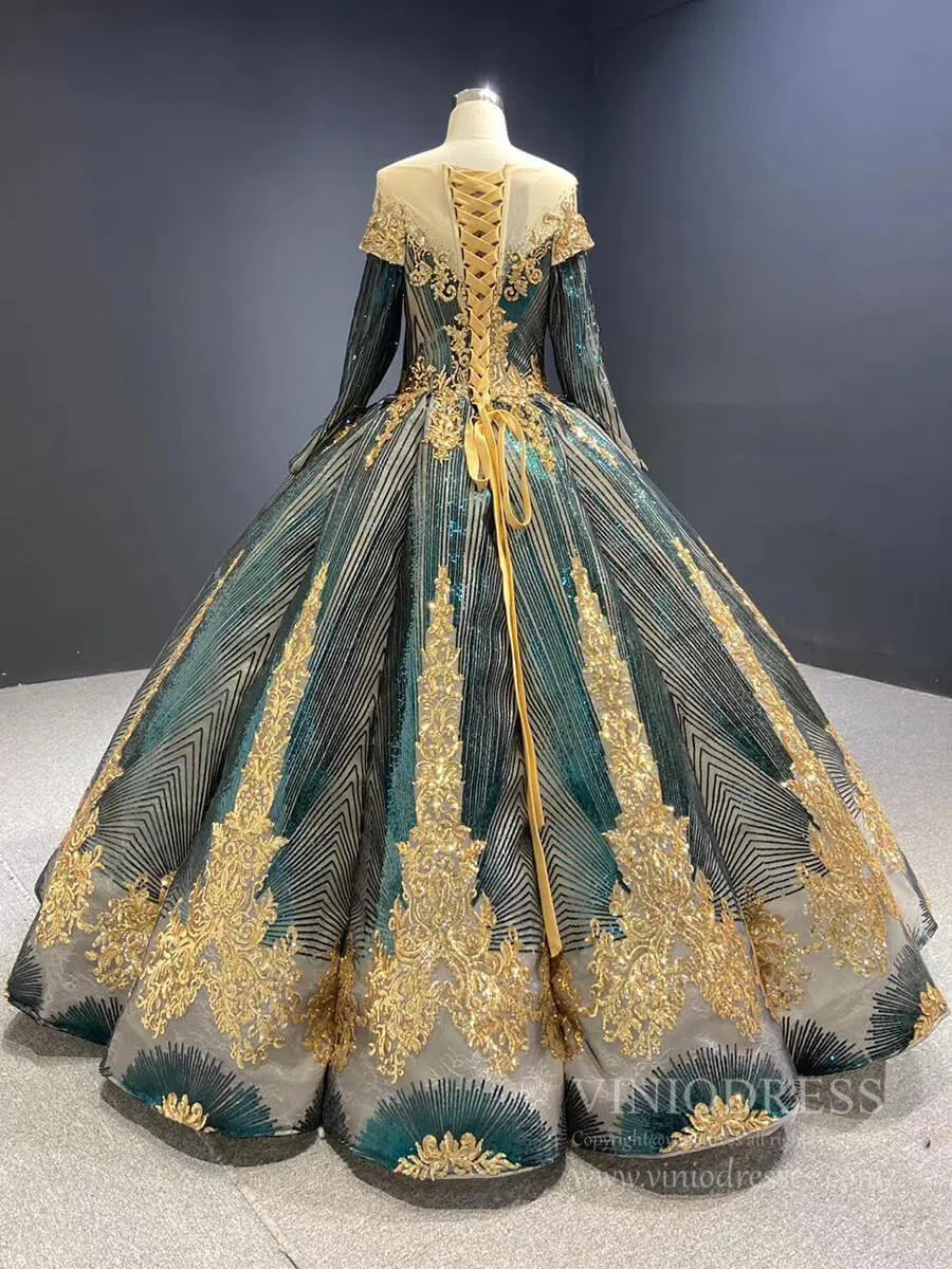 Long Sleeve Green Muslim Wedding Dresses Vintage Sequin Dress 66754 viniodress-Quinceanera Dresses 2025 -Viniodress-Emerald Green-Custom Size-