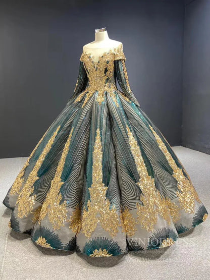 Long Sleeve Green Muslim Wedding Dresses Vintage Sequin Dress 66754 viniodress-Quinceanera Dresses 2025 -Viniodress-Emerald Green-Custom Size-
