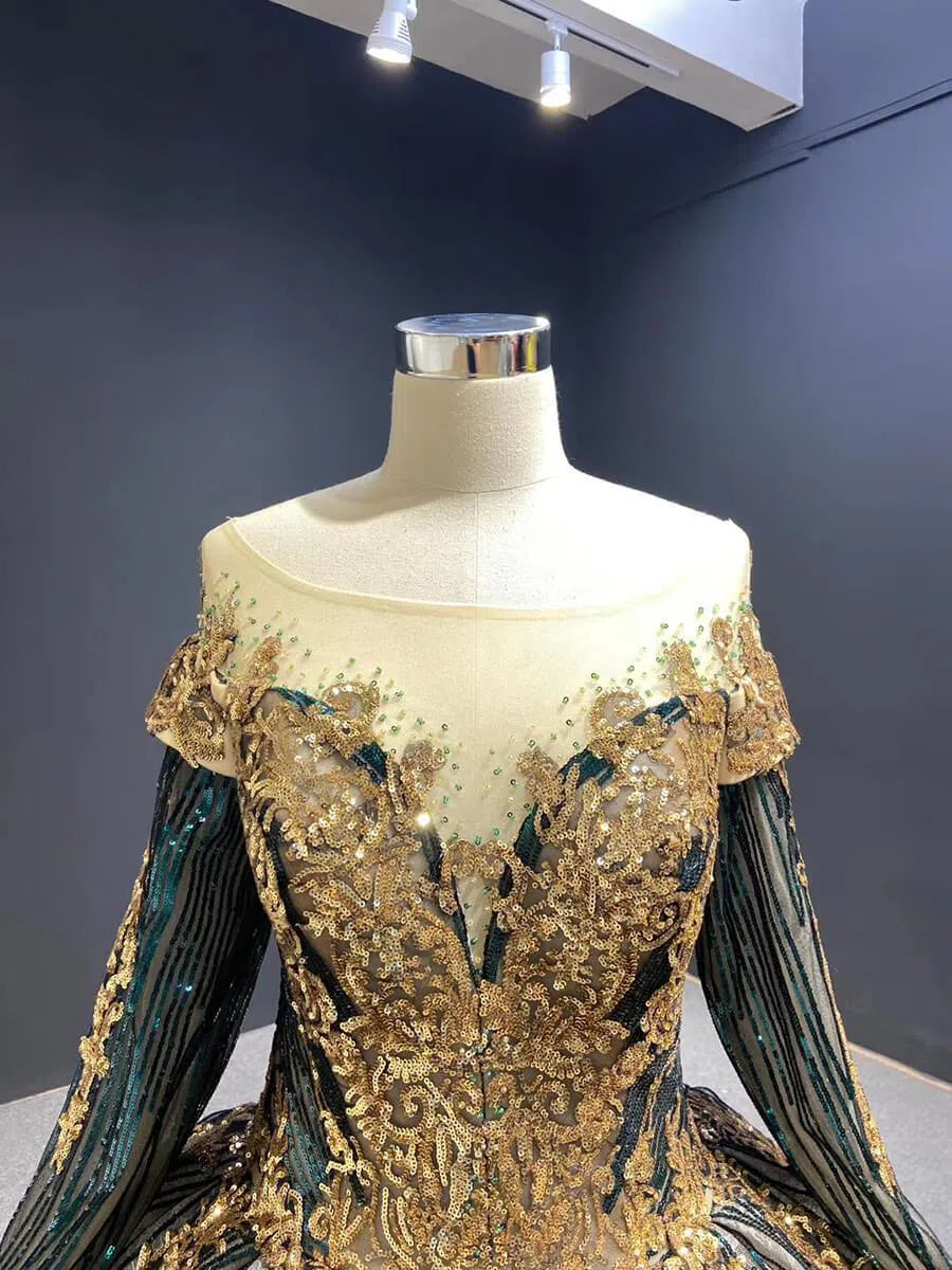 Long Sleeve Green Muslim Wedding Dresses Vintage Sequin Dress 66754 viniodress-Quinceanera Dresses 2025 -Viniodress-Emerald Green-Custom Size-