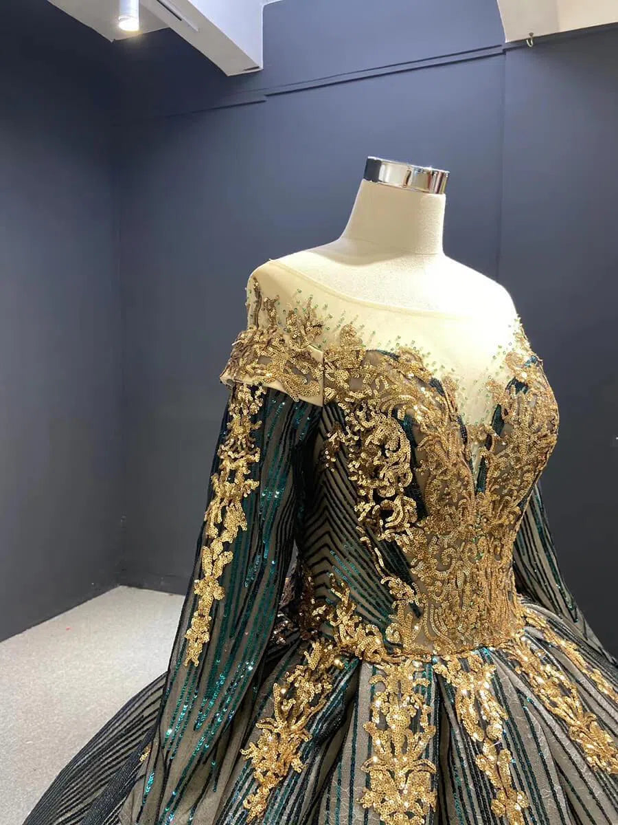 Long Sleeve Green Muslim Wedding Dresses Vintage Sequin Dress 66754 viniodress-Quinceanera Dresses 2025 -Viniodress-Emerald Green-Custom Size-