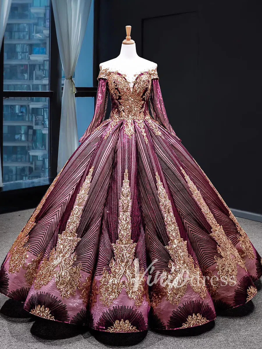 Long Sleeve Green Muslim Wedding Dresses Vintage Sequin Dress 66754 viniodress-Quinceanera Dresses 2025 -Viniodress-Burgundy-Custom Size-