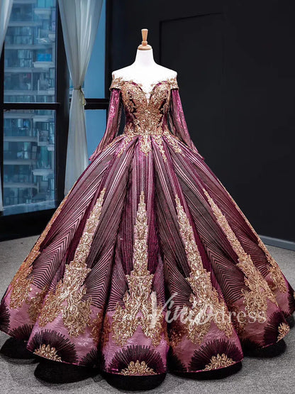 Long Sleeve Green Muslim Wedding Dresses Vintage Sequin Dress 66754 viniodress-Quinceanera Dresses 2025 -Viniodress-Burgundy-Custom Size-