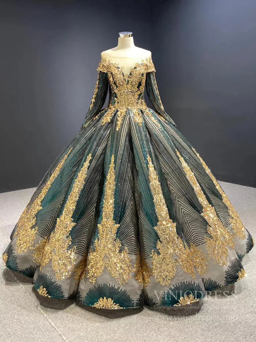 Long Sleeve Green Muslim Wedding Dresses Vintage Sequin Dress 66754 viniodress-Quinceanera Dresses 2025 -Viniodress-Emerald Green-Custom Size-