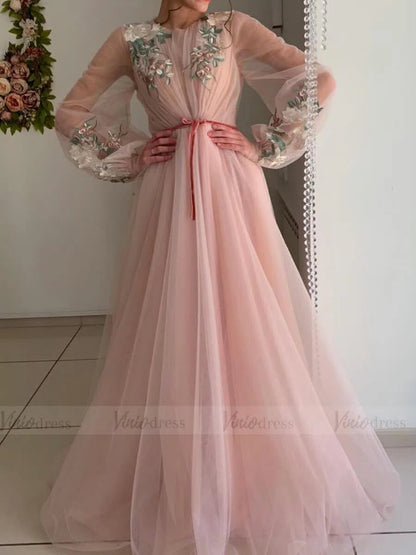 Long Sleeve Grey Prom Dresses Embroidered Engagement Dress FD1654-prom dresses 2025 -Viniodress-Grey-Custom Size-