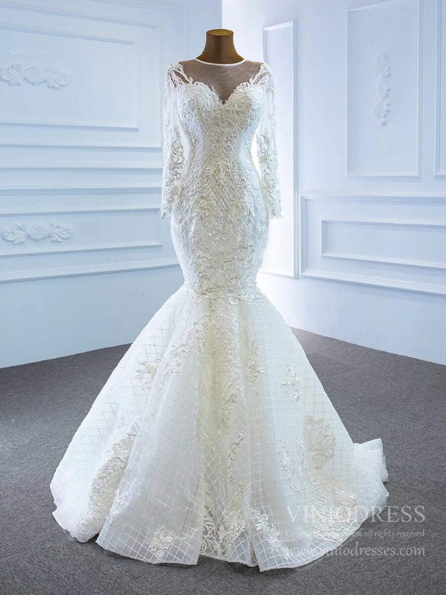Long Sleeve Lace Mermaid Wedding Dresses with Removable Skirt VW1802-wedding dresses 2025 -Viniodress-Ivory-Custom Size-