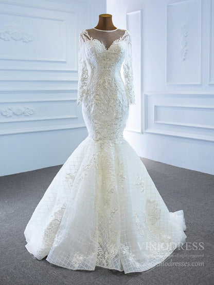 Long Sleeve Lace Mermaid Wedding Dresses with Removable Skirt VW1802-wedding dresses 2025 -Viniodress-Ivory-Custom Size-