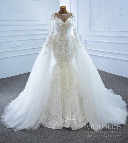 Long Sleeve Lace Mermaid Wedding Dresses with Removable Skirt VW1802-wedding dresses 2025 -Viniodress-Ivory-Custom Size-
