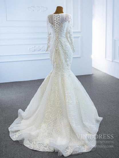 Long Sleeve Lace Mermaid Wedding Dresses with Removable Skirt VW1802-wedding dresses 2025 -Viniodress-Ivory-Custom Size-