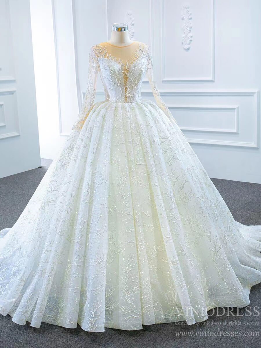Long Sleeve Lace Wedding Dresses Vintage Ball Gown VW1789-wedding dresses 2025 -Viniodress-Ivory-Custom Size-