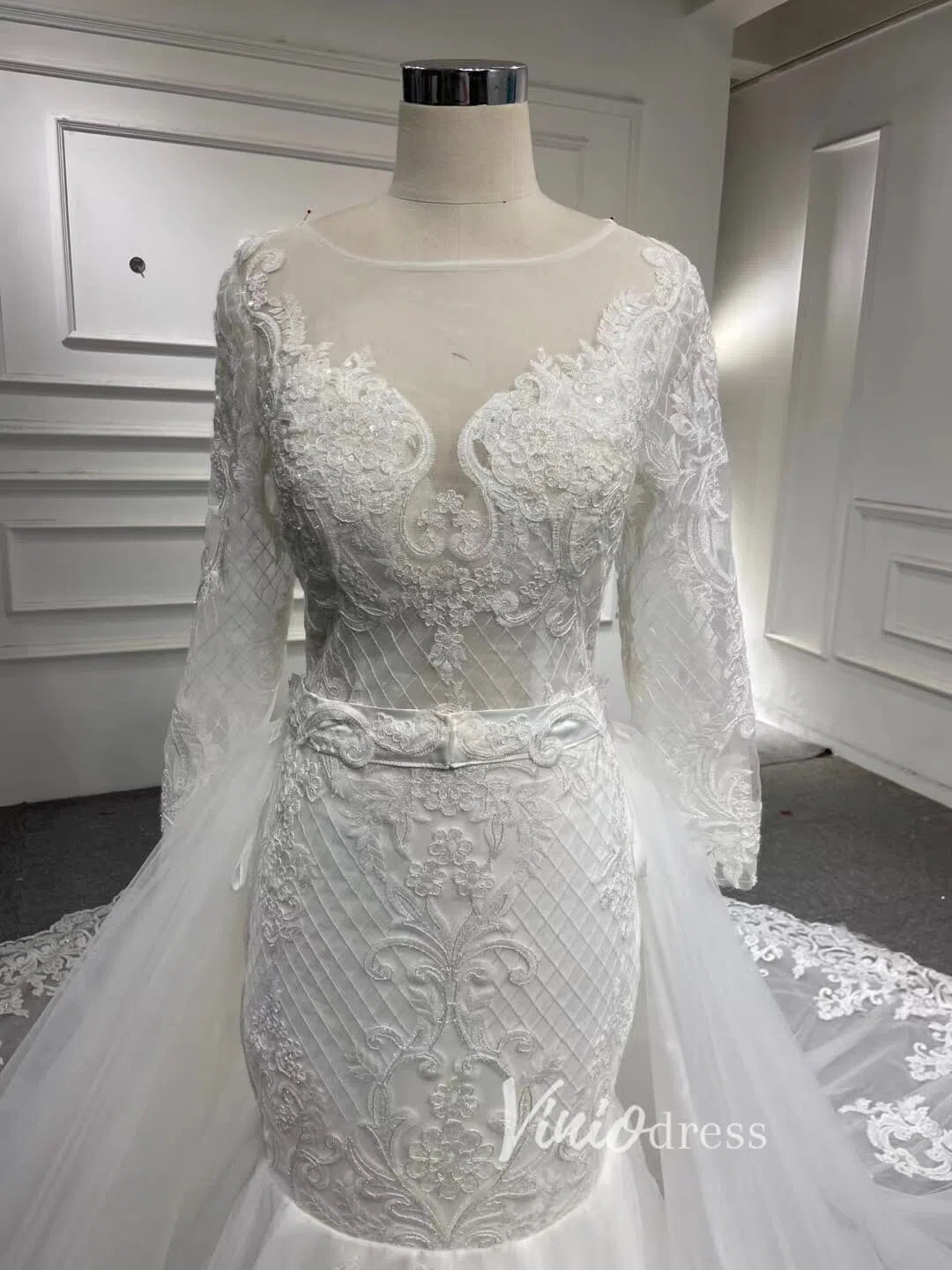 Long Sleeve Mermaid Wedding Dress with Removable Overskirt 66856-wedding dresses 2025 -Viniodress-Ivory-Custom Size-