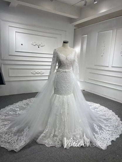 Long Sleeve Mermaid Wedding Dress with Removable Overskirt 66856-wedding dresses 2025 -Viniodress-Ivory-Custom Size-