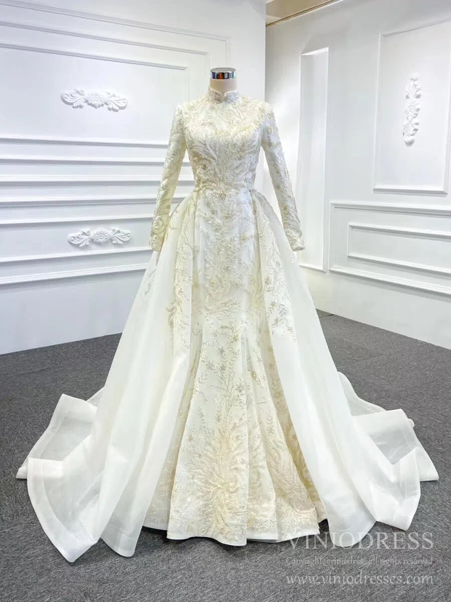 Long Sleeve Mermaid Wedding Dresses with Detachable Skirt 67156-wedding dresses 2025 -Viniodress-Ivory-Custom Size-