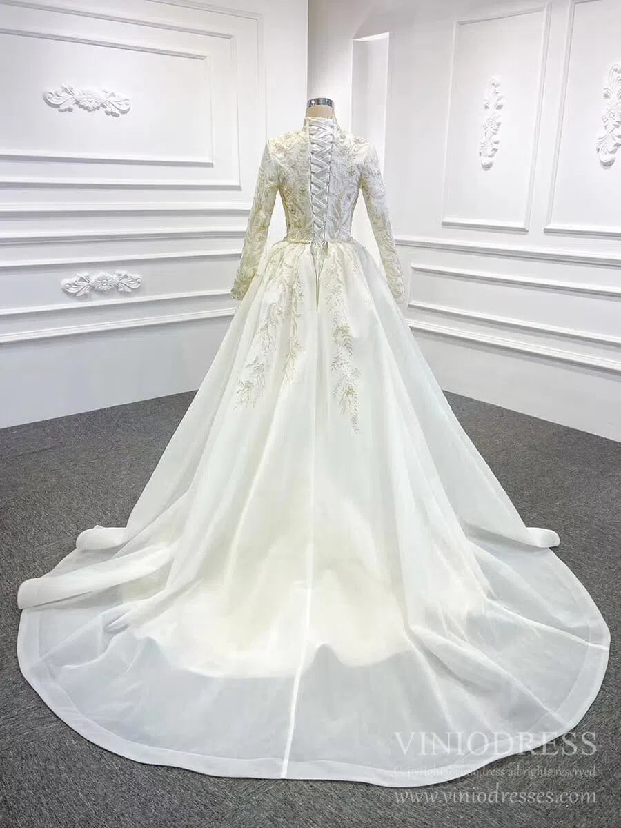 Long Sleeve Mermaid Wedding Dresses with Detachable Skirt 67156-wedding dresses 2025 -Viniodress-Ivory-Custom Size-