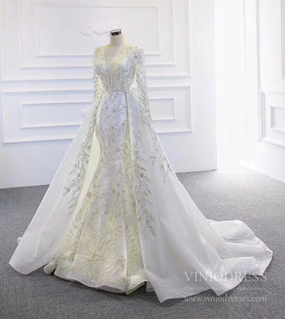 Long Sleeve Mermaid Wedding Dresses with Detachable Skirt 67156-wedding dresses 2025 -Viniodress-Ivory-Custom Size-