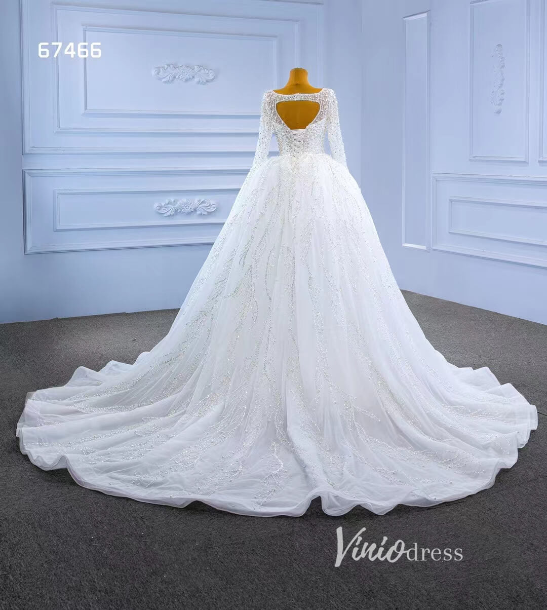 Long Sleeve Modern Pearl Wedding Dresses with Detachable Overskirt 67466-wedding dresses 2025 -Viniodress-Ivory-Custom Size-