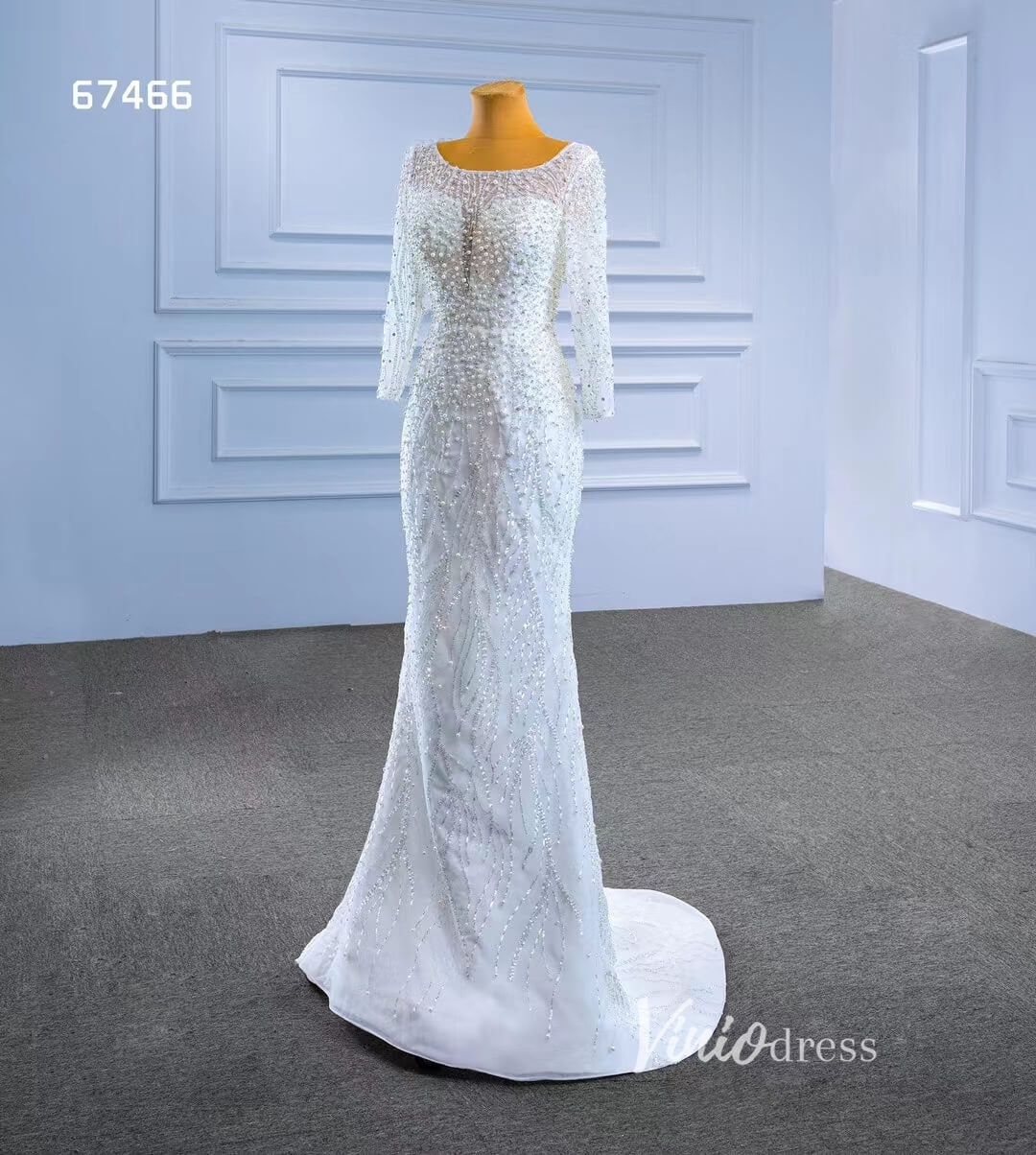Long Sleeve Modern Pearl Wedding Dresses with Detachable Overskirt 67466-wedding dresses 2025 -Viniodress-Ivory-Custom Size-