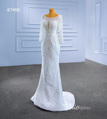 Long Sleeve Modern Pearl Wedding Dresses with Detachable Overskirt 67466-wedding dresses 2025 -Viniodress-Ivory-Custom Size-