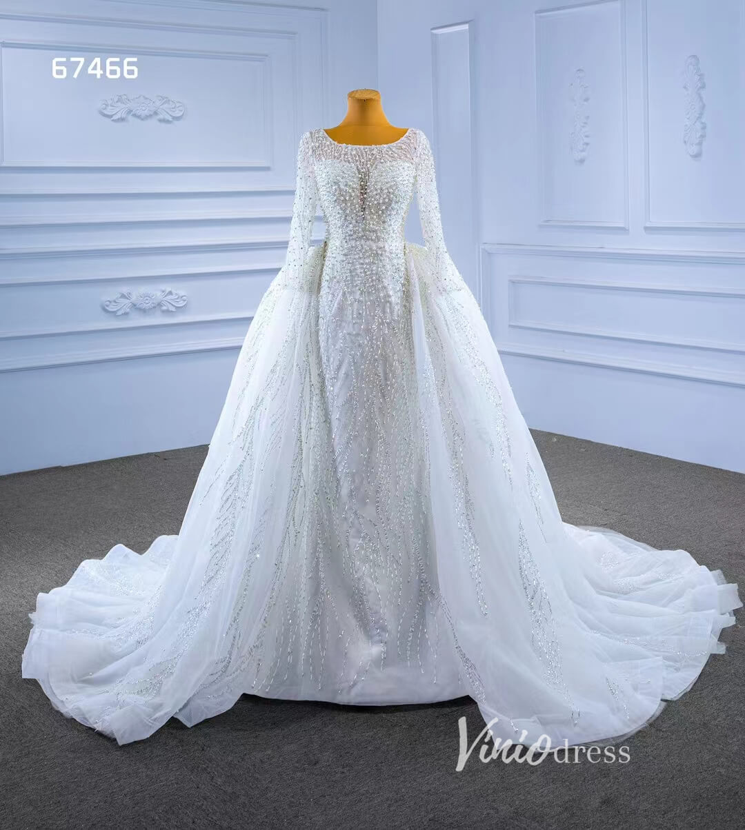 Long Sleeve Modern Pearl Wedding Dresses with Detachable Overskirt 67466-wedding dresses 2025 -Viniodress-Ivory-Custom Size-