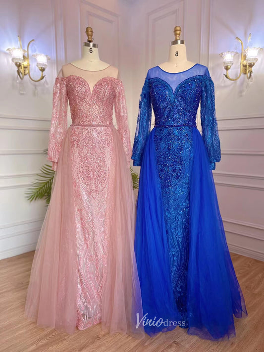 Long Sleeve Overskirt Evening Dresses Beaded Mother of the Bride Dress 20053-Evening Dresses 2025 -Viniodress-As Picture-US 2-