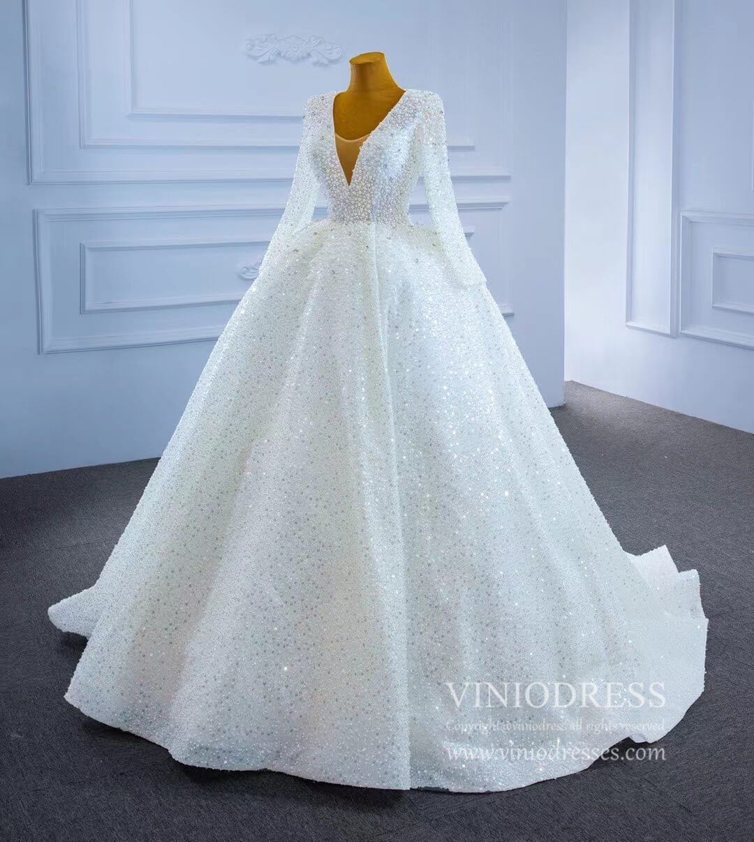 Long Sleeve Pearl Beaded Wedding Dresses Ball Gown V-neck 67265-wedding dresses 2025 -Viniodress-Ivory-Custom Size-