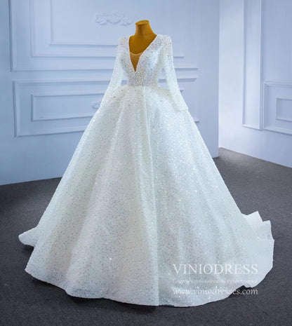 Long Sleeve Pearl Beaded Wedding Dresses Ball Gown V-neck 67265-wedding dresses 2025 -Viniodress-Ivory-Custom Size-