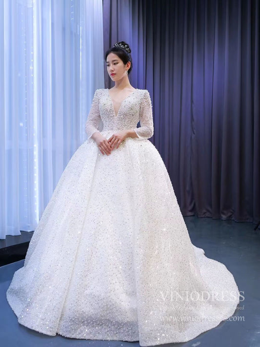 Long Sleeve Pearl Beaded Wedding Dresses Ball Gown V-neck 67265-wedding dresses 2025 -Viniodress-Ivory-Custom Size-