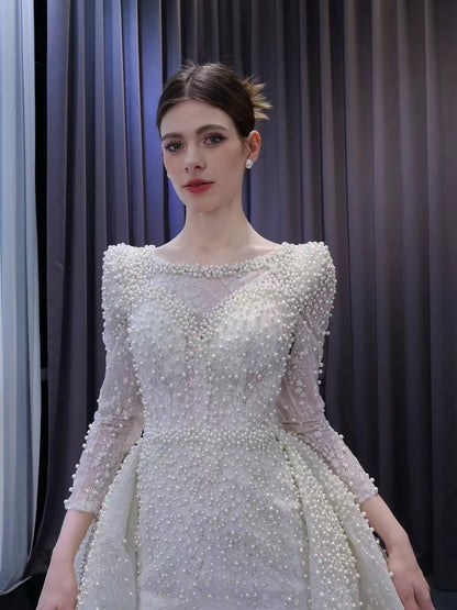 Long Sleeve Pearl Mermaid Wedding Dresses with Overskirt Train 222236-wedding dresses 2025 -Viniodress-Ivory-Custom Size-