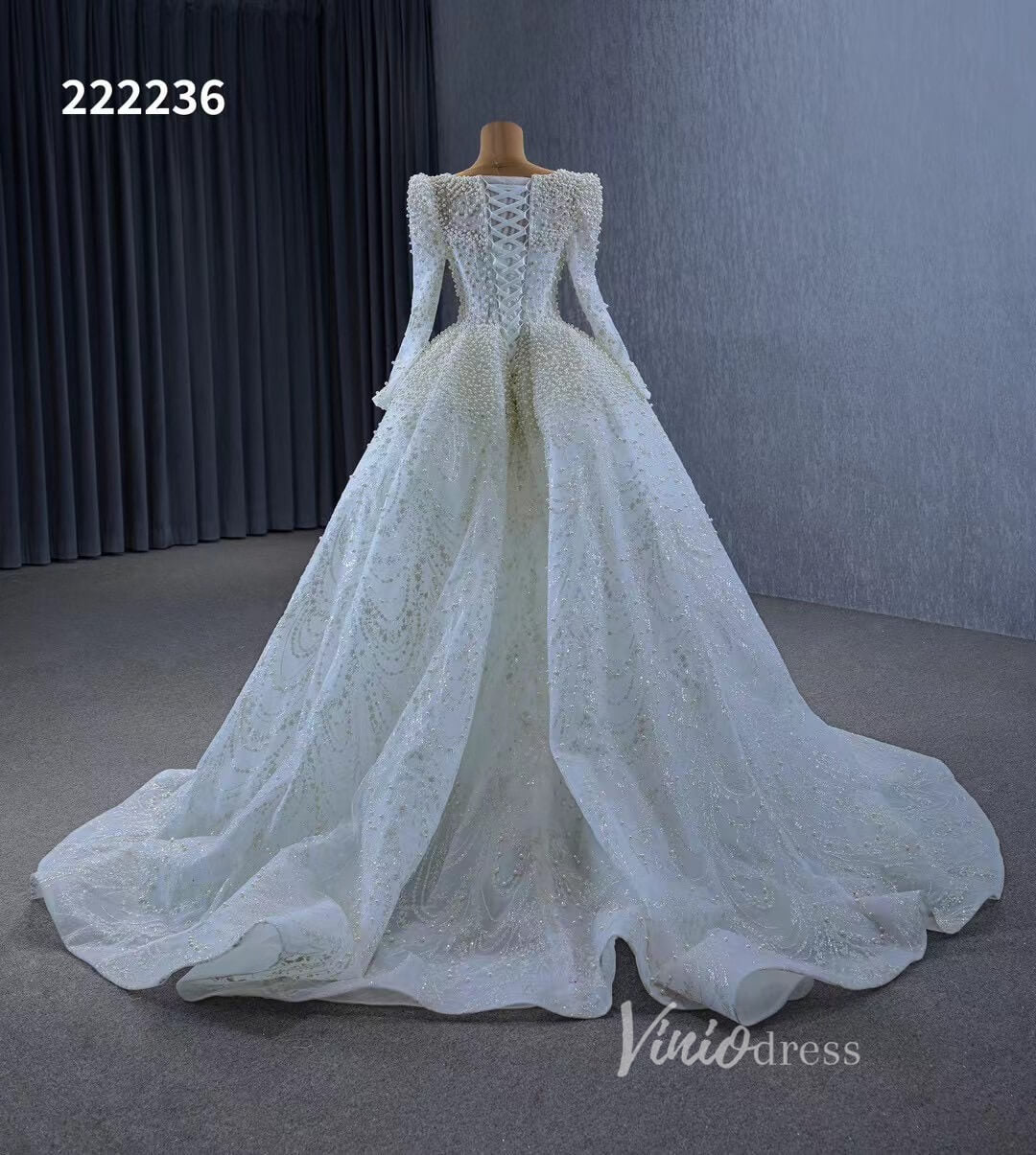 Long Sleeve Pearl Mermaid Wedding Dresses with Overskirt Train 222236-wedding dresses 2025 -Viniodress-Ivory-Custom Size-