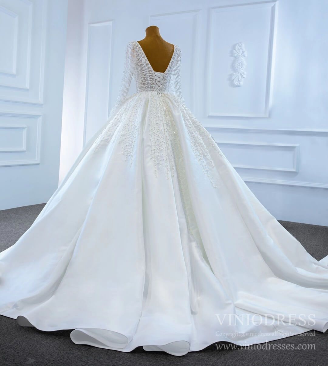 Long Sleeve Pearl Satin Wedding Gown Vintage Wedding Dresses VW1807-wedding dresses 2025 -Viniodress-Ivory-Custom Size-