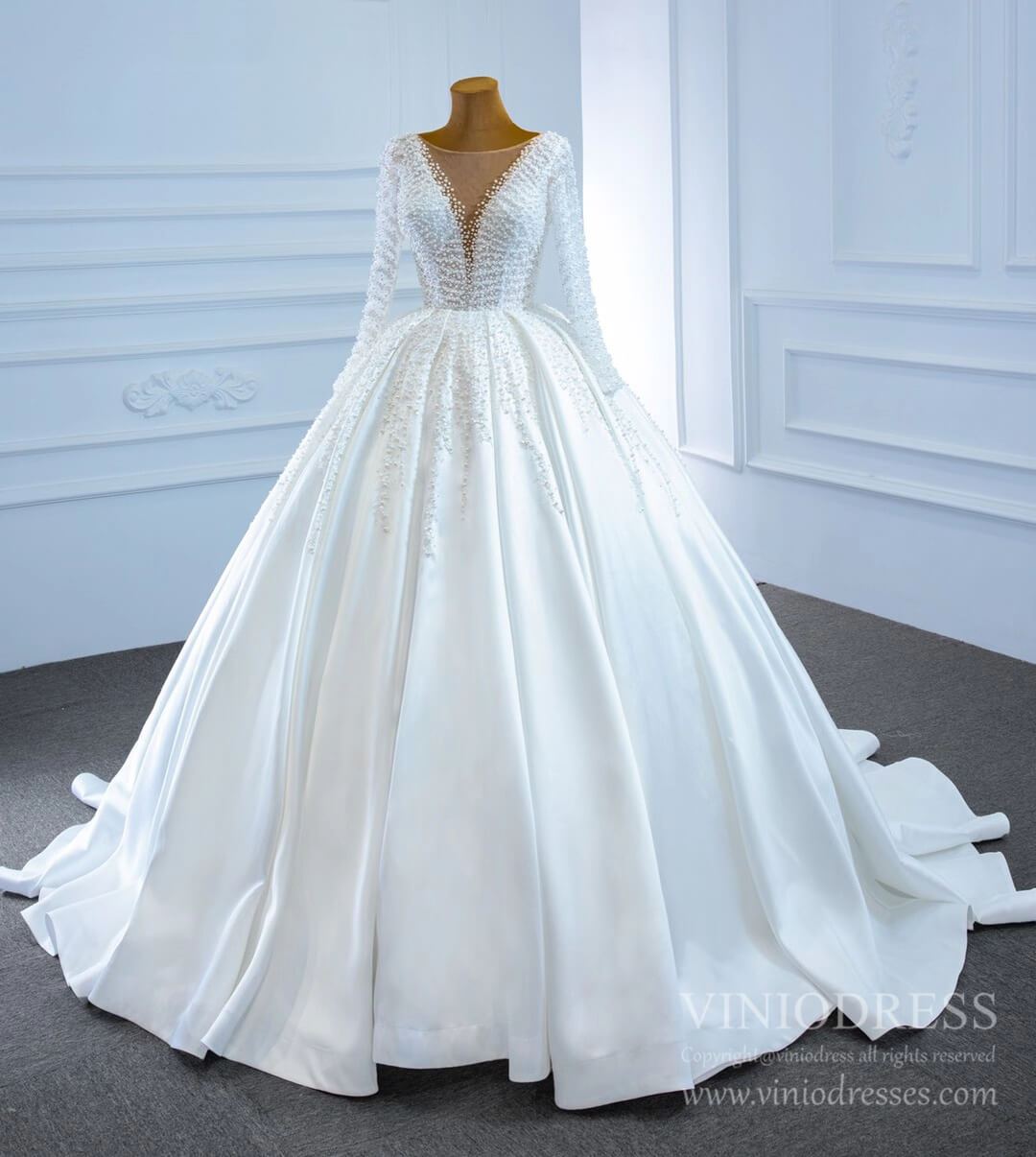 Long Sleeve Pearl Satin Wedding Gown Vintage Wedding Dresses VW1807-wedding dresses 2025 -Viniodress-Ivory-Custom Size-