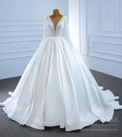 Long Sleeve Pearl Satin Wedding Gown Vintage Wedding Dresses VW1807-wedding dresses 2025 -Viniodress-Ivory-Custom Size-