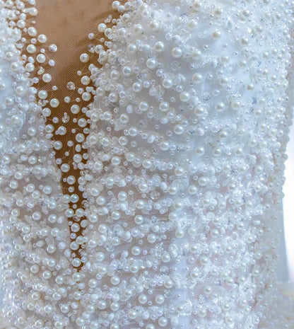 Long Sleeve Pearl Satin Wedding Gown Vintage Wedding Dresses VW1807-wedding dresses 2025 -Viniodress-Ivory-Custom Size-