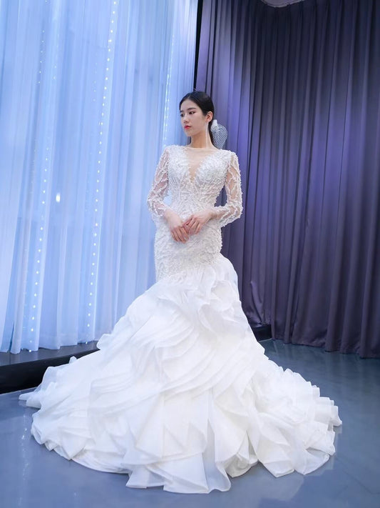 Long Sleeve Pearl Wedding Dresses Mermaid Long Sleeve Bridal Gown 67269-wedding dresses 2025 -Viniodress-As Picture-Custom Size-