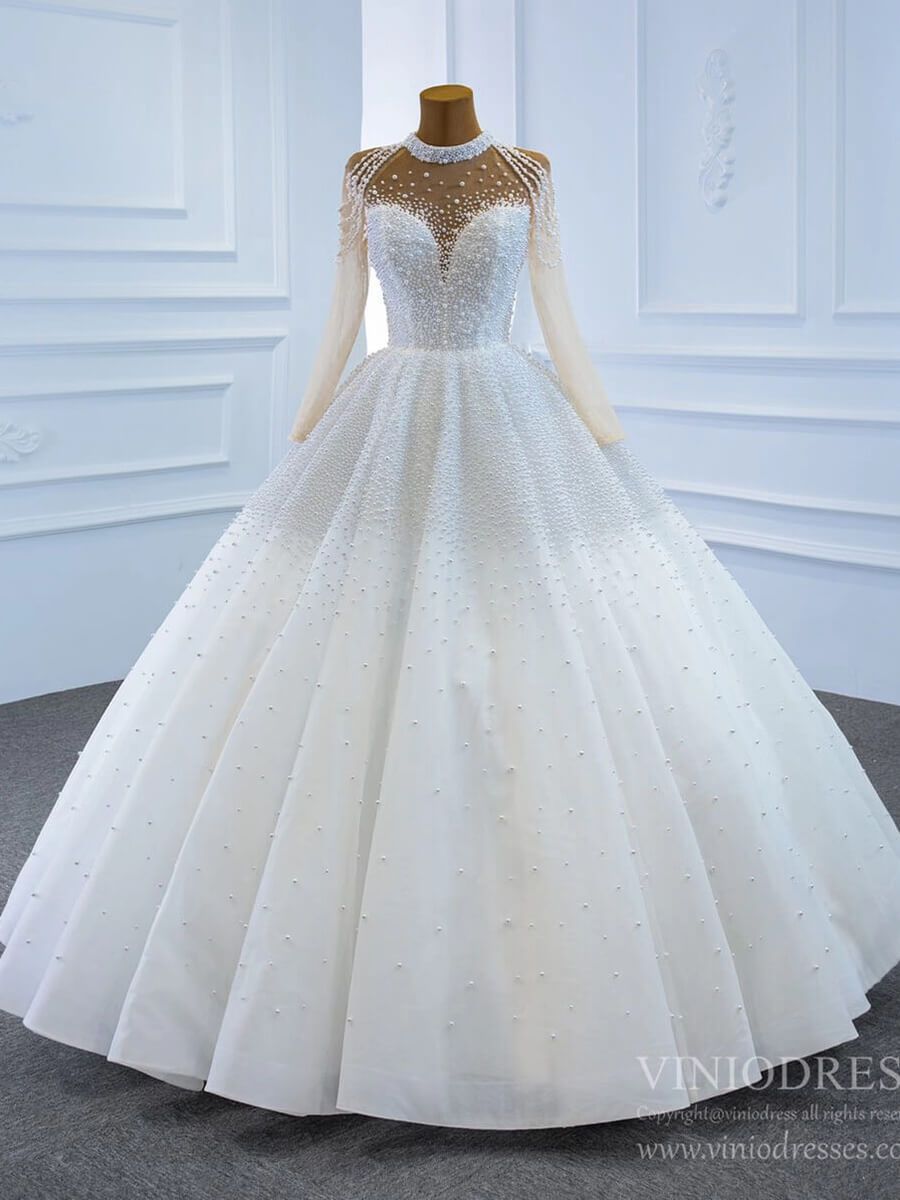 Long Sleeve Pearls Wedding Dresses Luxury Arabic Bridal Gown 67198-wedding dresses 2025 -Viniodress-Ivory-Custom Size-