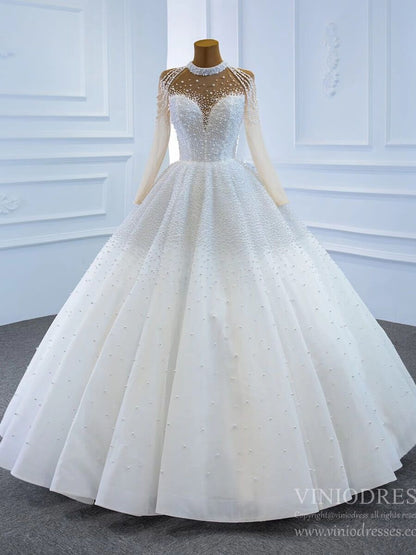 Long Sleeve Pearls Wedding Dresses Luxury Arabic Bridal Gown 67198-wedding dresses 2025 -Viniodress-Ivory-Custom Size-