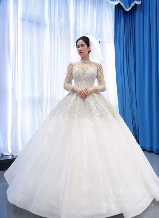 Long Sleeve Pearls Wedding Dresses Luxury Arabic Bridal Gown 67198-wedding dresses 2025 -Viniodress-Ivory-Custom Size-