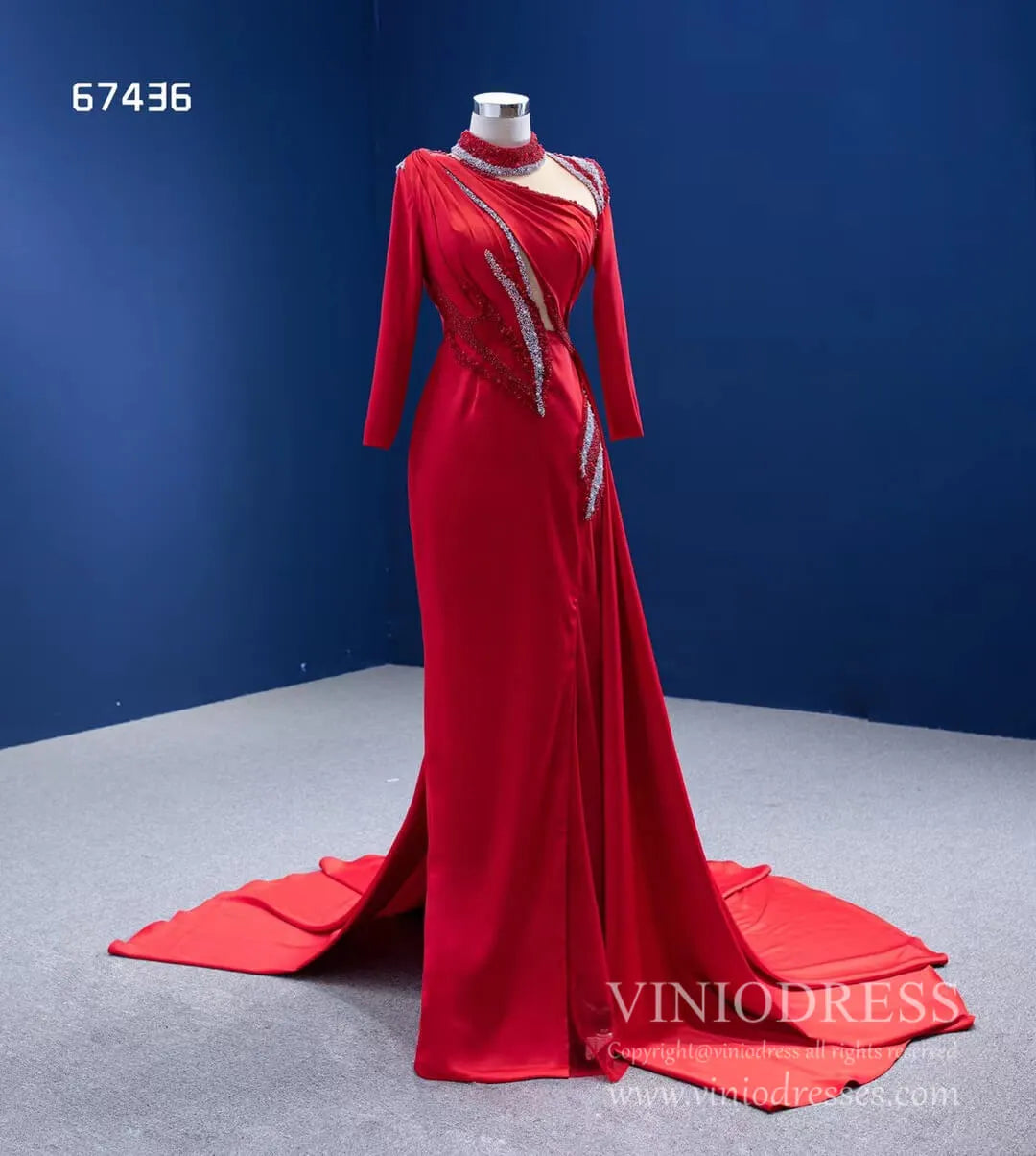 Long Sleeve Red Mermaid Pageant Dress Overskirt Formal Gown 67436-prom dresses 2025 -Viniodress-Red-Custom Size-