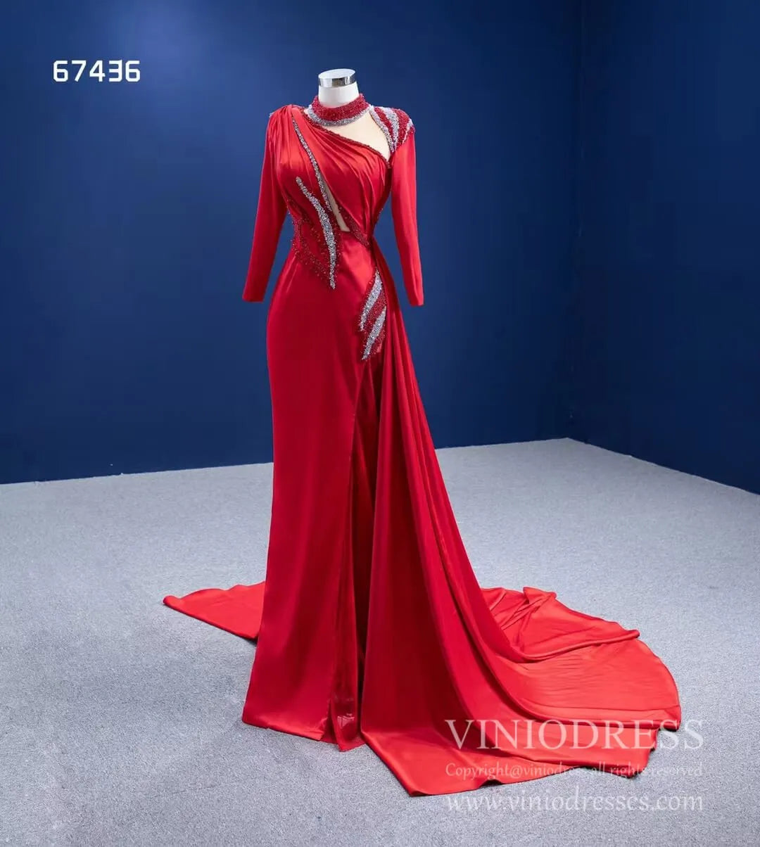 Long Sleeve Red Mermaid Pageant Dress Overskirt Formal Gown 67436-prom dresses 2025 -Viniodress-Red-Custom Size-