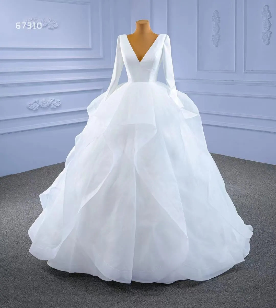 Long Sleeve Ruffled Tulle Wedding Dress Simple V-neck Ball Gown 67310-wedding dresses 2025 -Viniodress-Ivory-Custom Size-