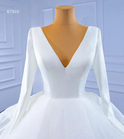 Long Sleeve Ruffled Tulle Wedding Dress Simple V-neck Ball Gown 67310-wedding dresses 2025 -Viniodress-Ivory-Custom Size-