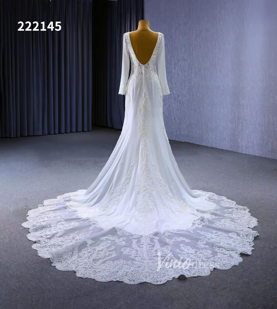 Long Sleeve Satin Modern Wedding Dresses Lace Train 222145-wedding dresses 2025 -Viniodress-Ivory-Custom Size-