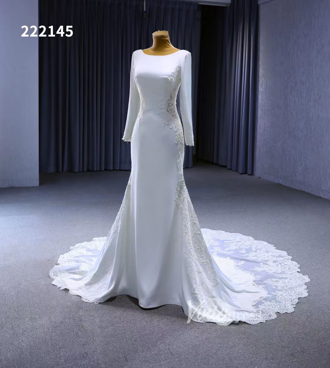 Long Sleeve Satin Modern Wedding Dresses Lace Train 222145-wedding dresses 2025 -Viniodress-Ivory-Custom Size-