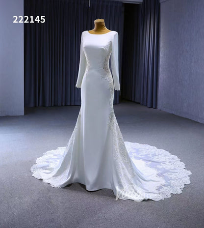 Long Sleeve Satin Modern Wedding Dresses Lace Train 222145-wedding dresses 2025 -Viniodress-Ivory-Custom Size-